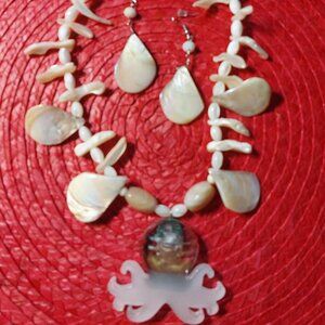 Handmade Octopus with Abalone Shell Necklace with Earrings Set, Hawaiian, Beach.